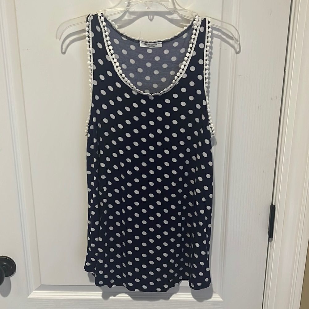 New BomBom Made in the USA Navy and White Polka dot tank top with white trim